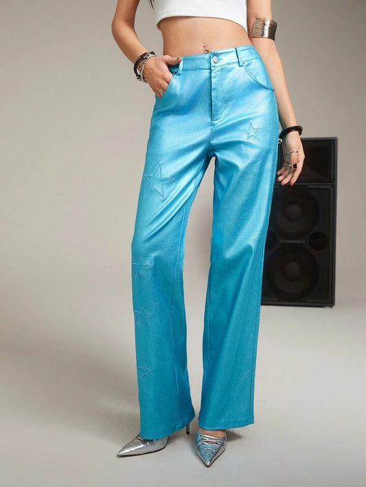 CM-BS836885 Women Casual Seoul Style Geometric Prints Drop Waist Straight Leg Pants - Blue
