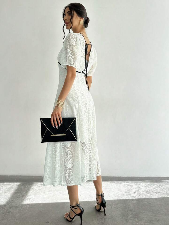 CM-DS334369 Women Elegant Seoul Style Contrast Color Deep V-Neck Short Sleeve Lace A-Line Dress