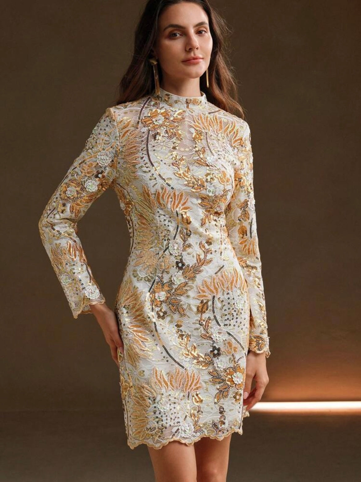 CM-DS783138 Women Elegant Seoul Style Stand Collar Long Sleeve Embroidered And Sequin Waist Fitted Dress