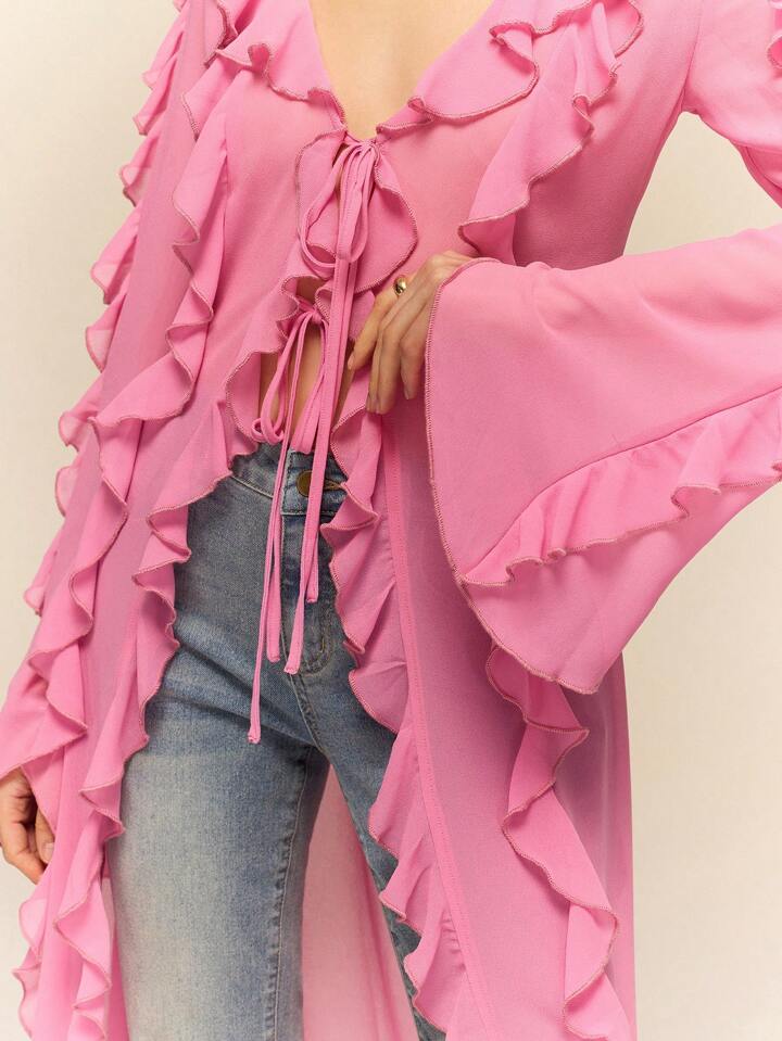 CM-TS168445 Women Casual Seoul Style Ruffle Tie Neck Extra Long Sleeve Sheer Long Shirt - Pink