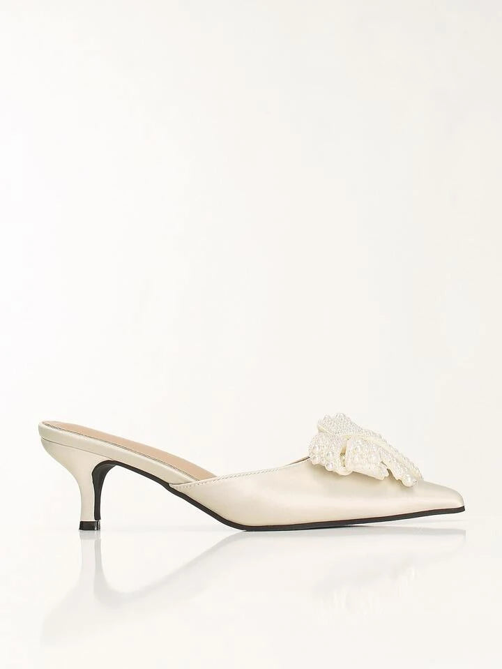 CM-SHS734959 Women Trendy Seoul Style Faux Pearl Bow Decor Point Toe Stiletto Heel Mule Pumps - Apricot