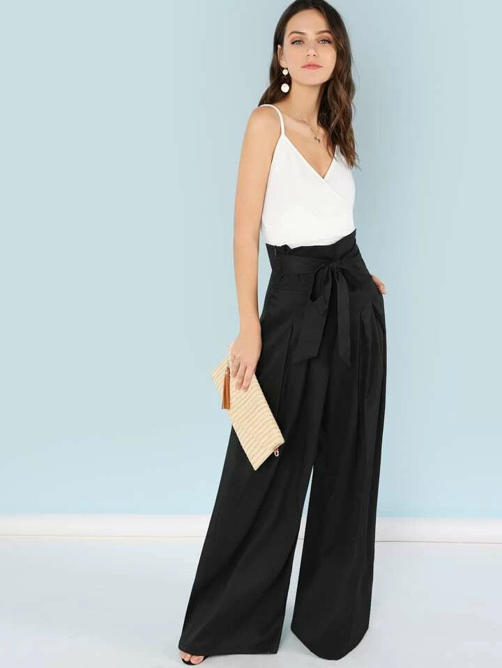 CM-BS518711 Women Elegant Seoul Style Self Belted Box Pleated Palazzo Pants - Black