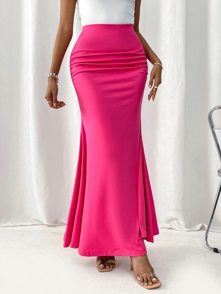 CM-BS112295 Women Elegant Seoul Style High Waist Pleated Fish Tail Skirt - Hot Pink