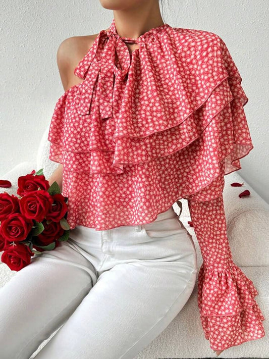 CM-TS285877 Women Trendy Bohemian Style One-Shoulder Floral Print Ruffle Trim Blouse - Pink