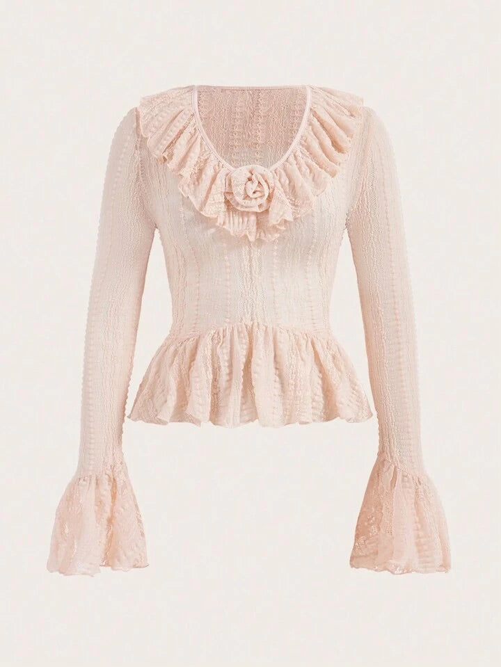 CM-TS783398 Women Casual Seoul Style Lace V-Neck Ruffle Hem Long Sleeve T-Shirt - Pink