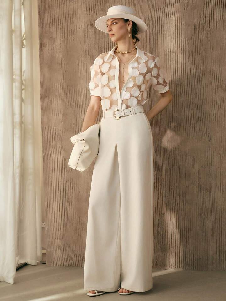CM-TS247602 Women Elegant Seoul Style Mesh Floral Cutout Sheer Collar Neckline Short Sleeve Blouse - White
