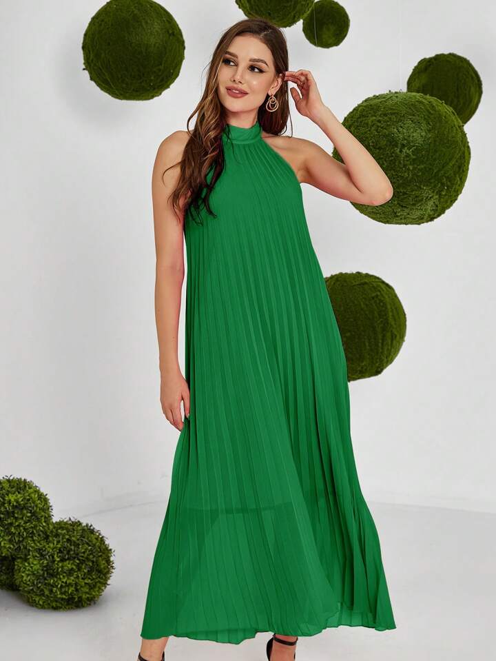 CM-DS666099 Women Casual Seoul Style Solid Color Halter Neck Sleeveless Pleated Dress - Green