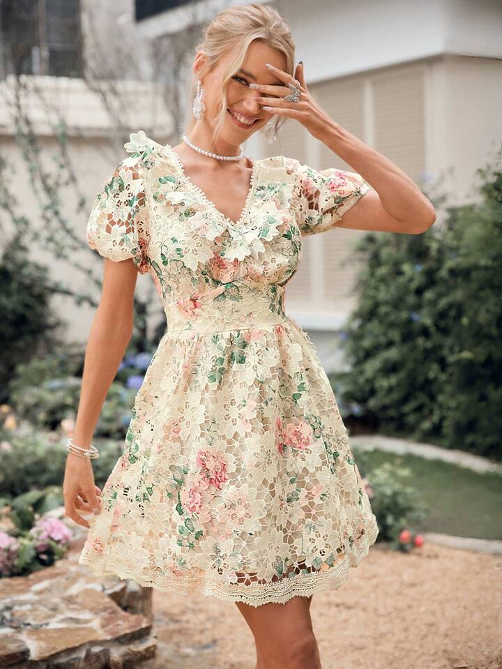 CM-DS932036 Women Casual Seoul Style V-Neck Puff Short Sleeve Floral Printed Lace Dress