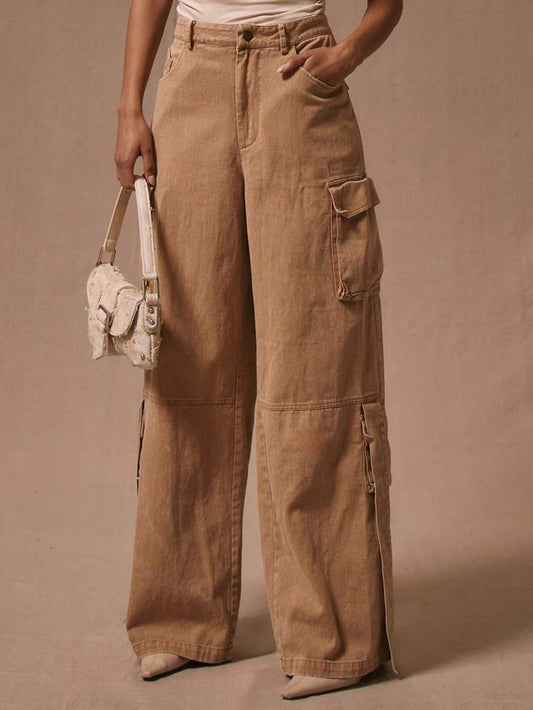 CM-BS190500 Women Casual Seoul Style Low Waist Wide Leg Cargo Trousers - Brown