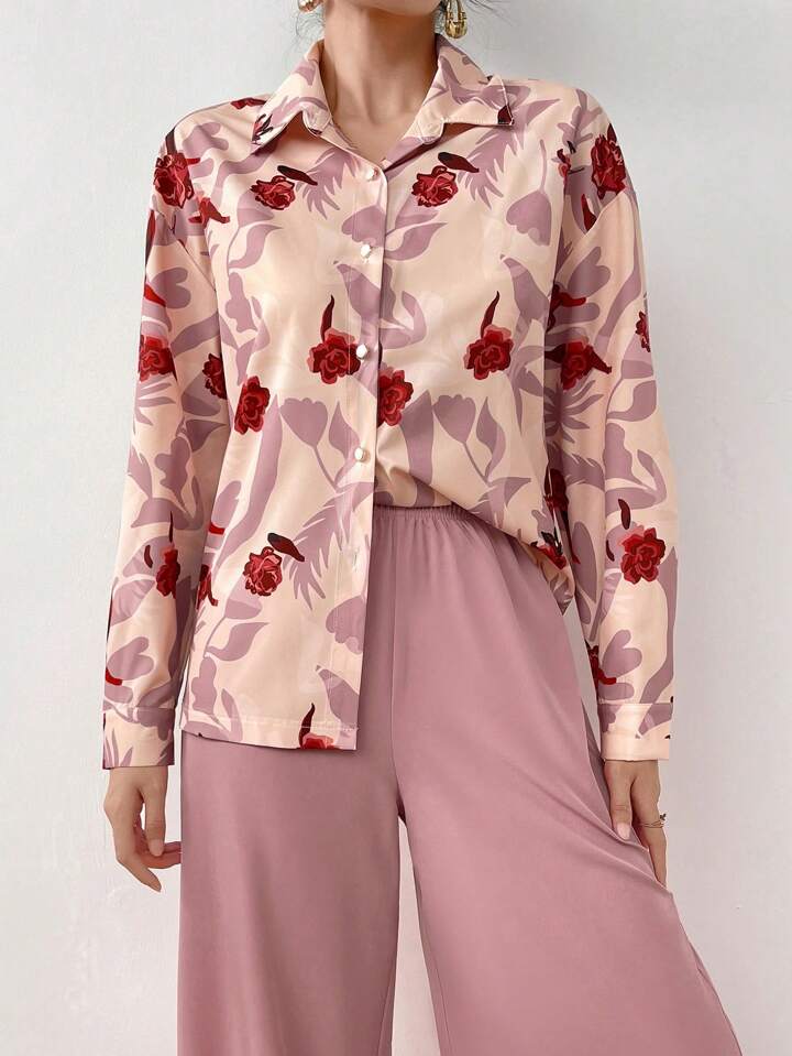 CM-SS278949 Women Casual Seoul Style Floral Front Button Long Sleeve Blouse With Pants - Sets