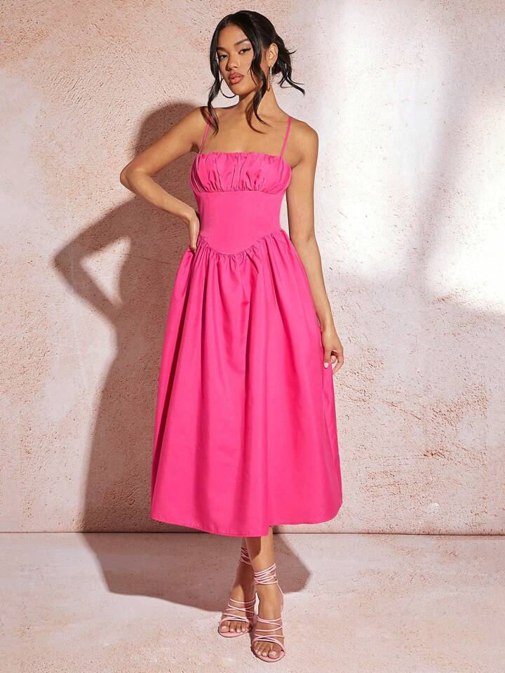 CM-DS177777 Women Casual Seoul Style Pleated Bust Tight Camisole Maxi Dress - Hot Pink