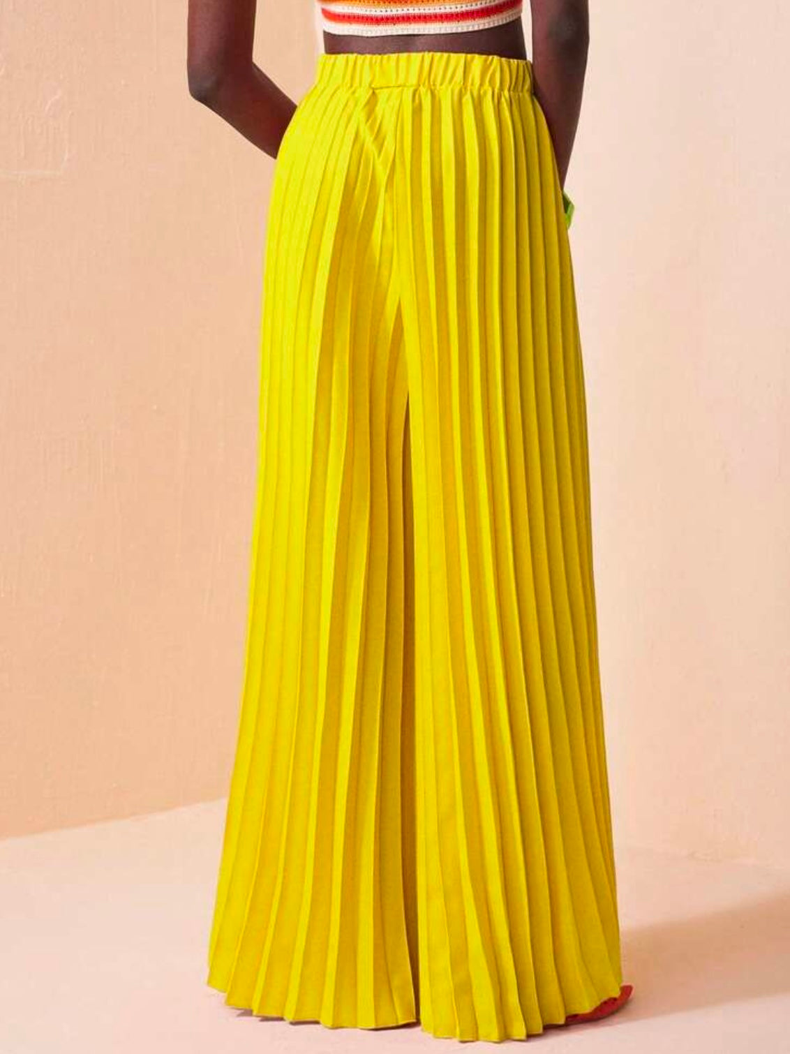 CM-BS848167 Women Trendy Bohemian Style Elastic Waist Pleated Large Hem Extra Long Wide Leg Pants - Yellow