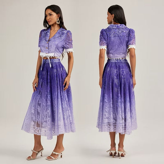 CM-SY044423 Women Elegant European Style Collar Neckline Short Sleeve Cropped Top With Long Skirt - Set