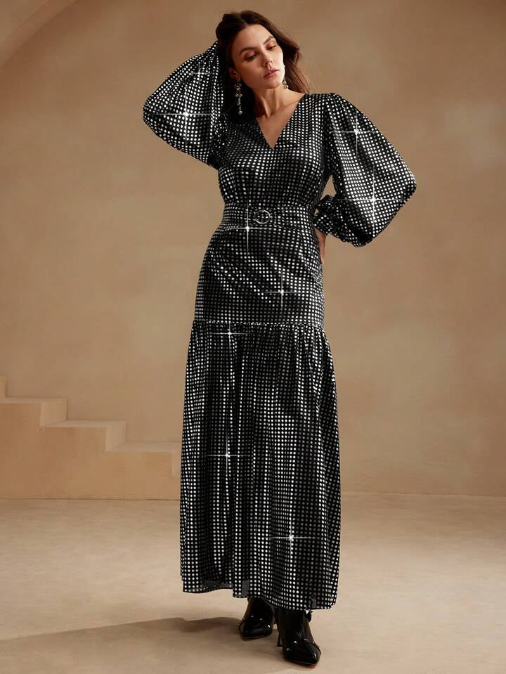 CM-DS106765 Women Elegant European Style V-Neck Long Sleeve High Waist A-Line Maxi Dress - Black