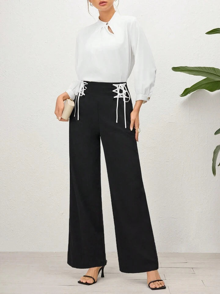 CM-BS517705 Women Casual Seoul Style Drawstring High-Waist Wide-Leg Pants - Black