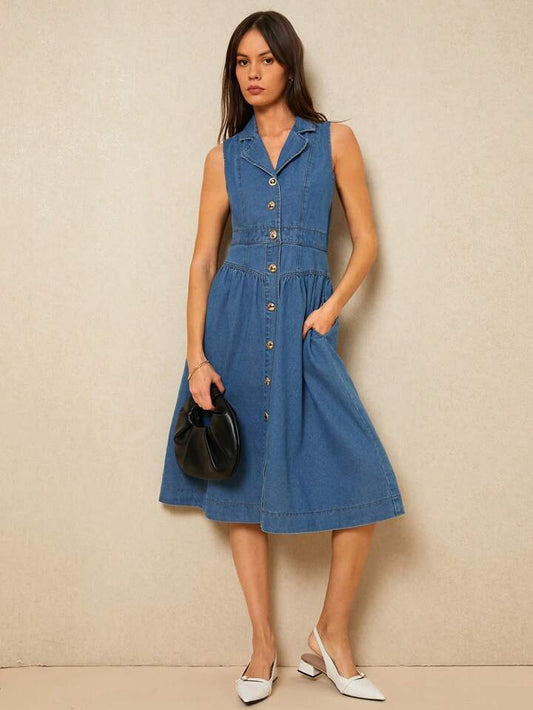 CM-DS474589 Women Casual Seoul Style Sleeveless Suit Collar Single-Breasted Denim Dress - Blue