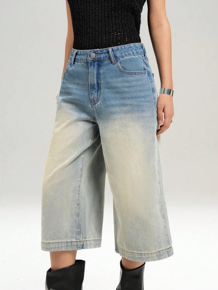 CM-BS655311 Women Casual Seoul Style Pocketed Wide Leg Loose 7/8 Length Denim Jeans
