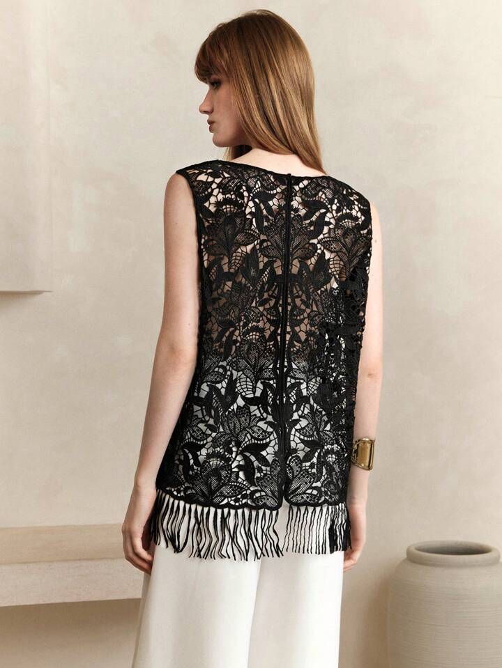 CM-TS197853 Women Elegant Seoul Style Lace Hollow Out V-Neck Splice Tassel Sleeveless Open Cover Up Top - Black