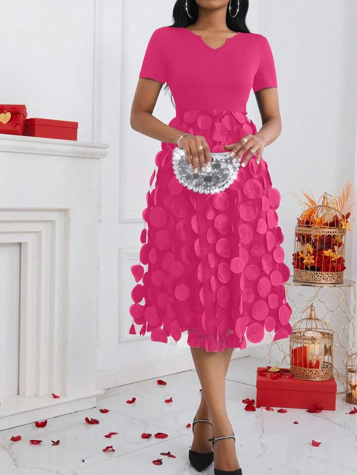 CM-DS399795 Women Casual Seoul Style Embroidery Mesh Splice Short Sleeve Tied Waist Dress - Hot Pink