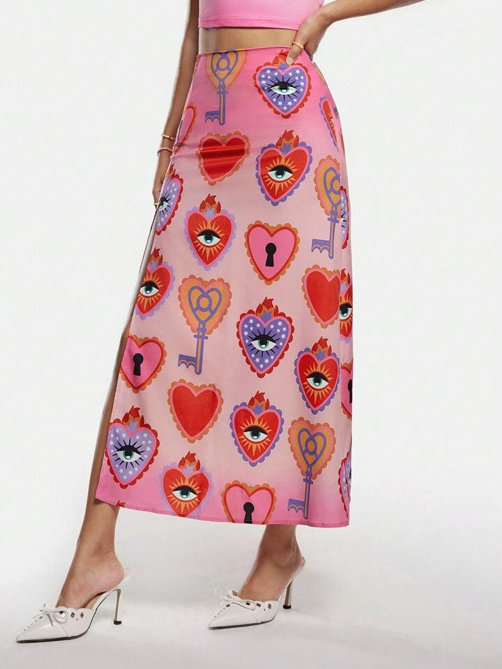 CM-BS741081 Women Casual Seoul Style Graphic All Over Print A-Line Midi Skirt