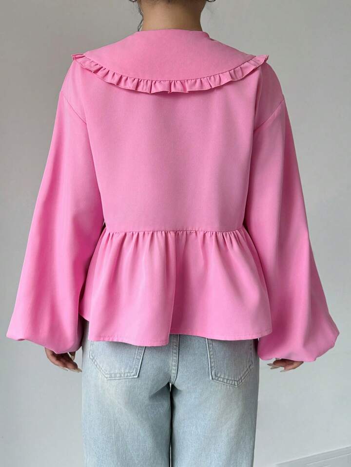 CM-TS126116 Women Trendy Bohemian Style Statement Collar Lantern Sleeve Knot Front Blouse