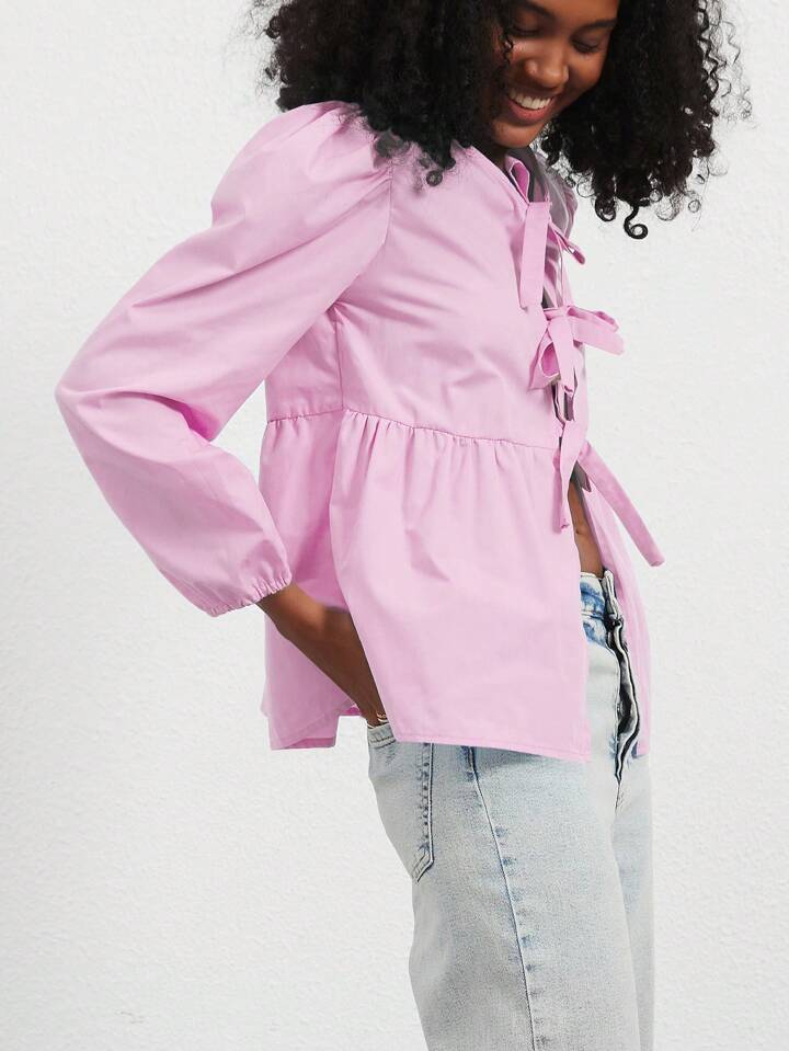 CM-TS866782 Women Casual Seoul Style Print Ruffle Hem Tie Long Sleeve Shirt - Pink
