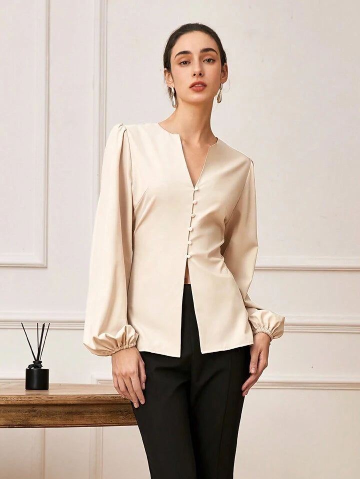 CM-TS875425 Women Elegant Seoul Style Solid Color Lantern Long Sleeve Notched V-Neck Shirt