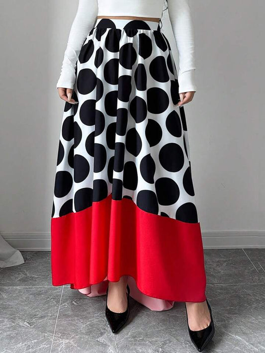 CM-BS444364 Women Casual Seoul Style Large Polka Dot Solid Color Patchwork A-Line Maxi Skirt