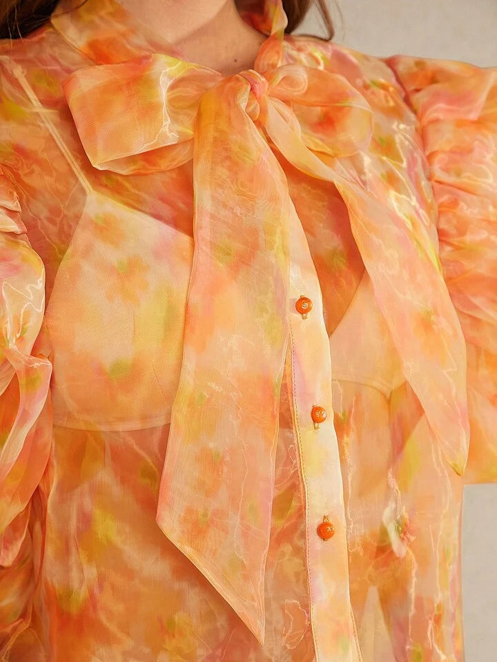 CM-TS591988 Women Casual Seoul Style Floral Organza Butterfly Sleeve Top