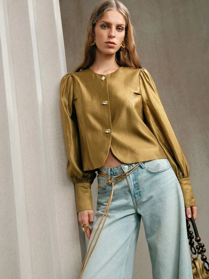 CM-TS487747 Women Elegant Seoul Style Round Neck Extra Long Puff Sleeve Button Front Shirt - Mustard Yellow