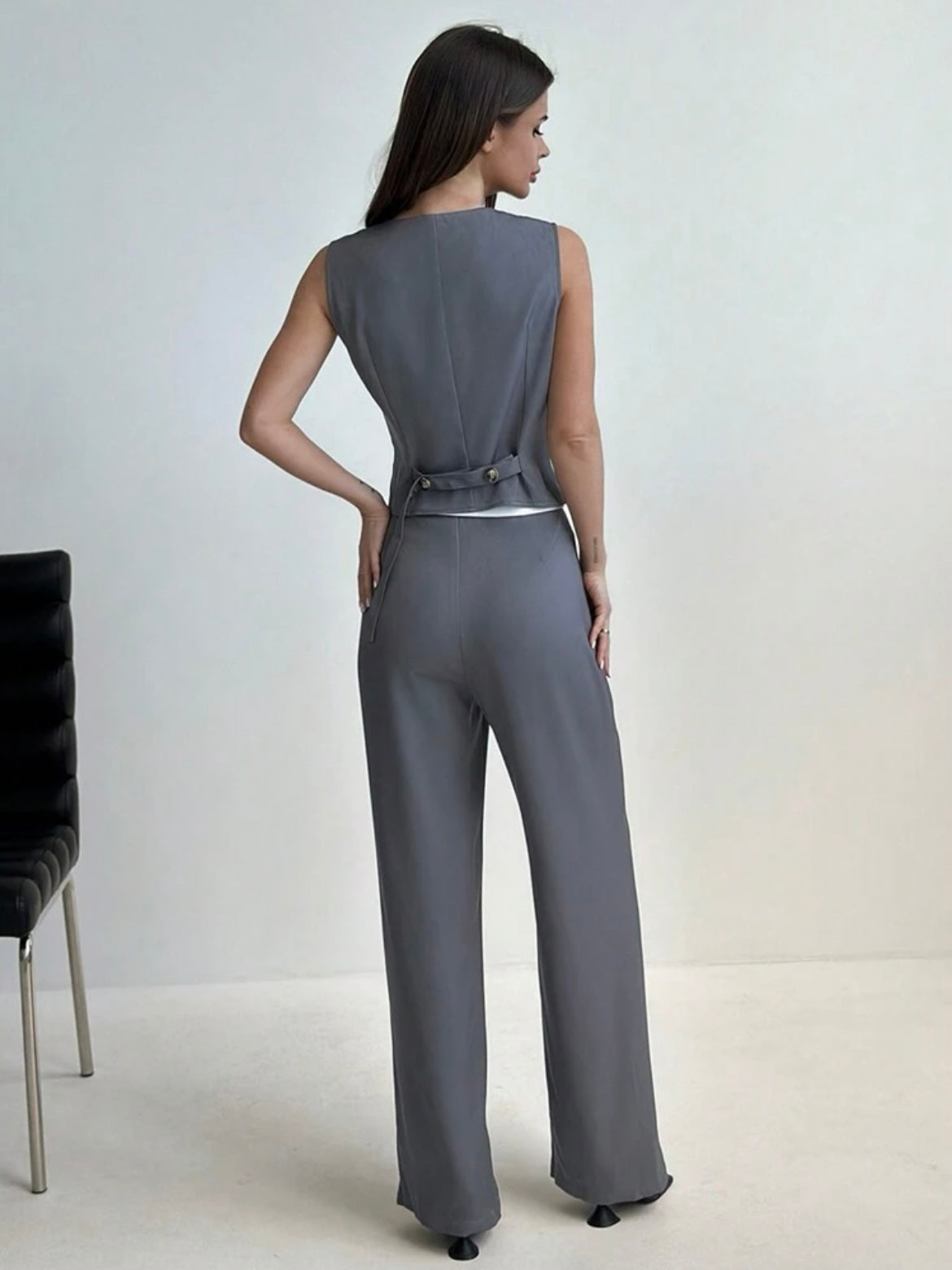 CM-SS615555 Women Elegant Seoul Style Colorblock Sleeveless Vest With Waist Belt Low Waist Long Tail Suit - Gray