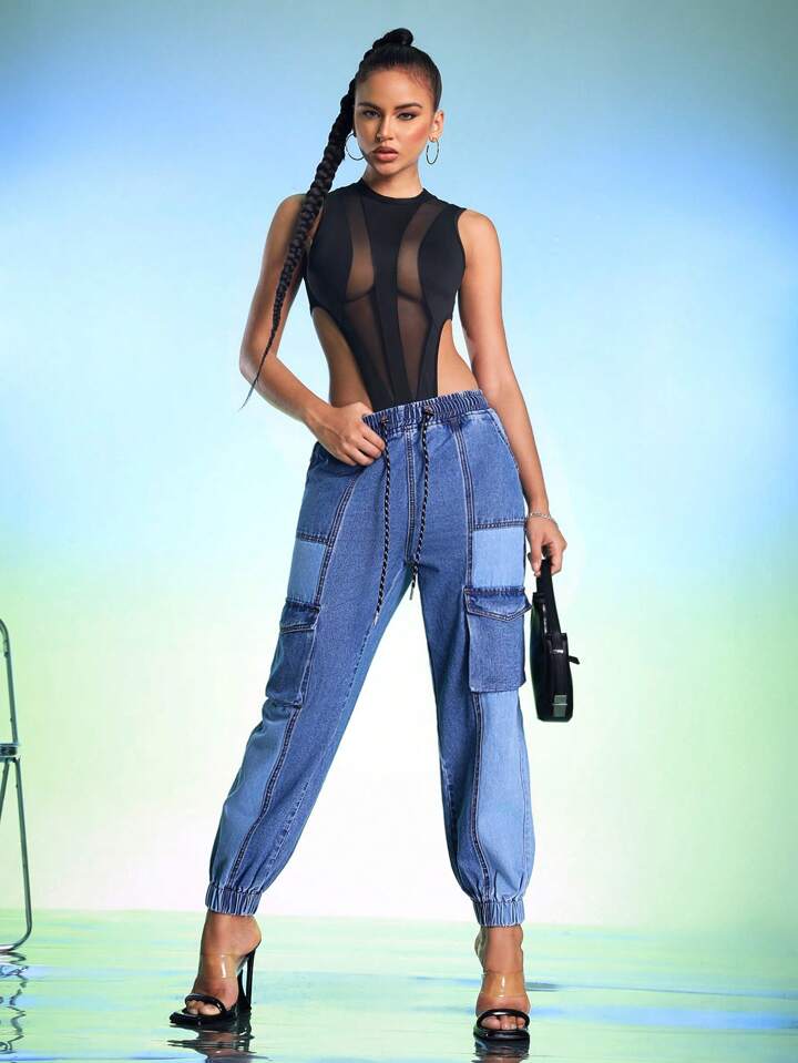 CM-BS242252 Women Casual Seoul Style Medium Wash Two-Tones Drawstring Waist Jeans