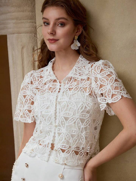 CM-TS409021 Women Elegant Seoul Style Collar Neckline Short Sleeve Sheer Guipure Lace Blouse - White
