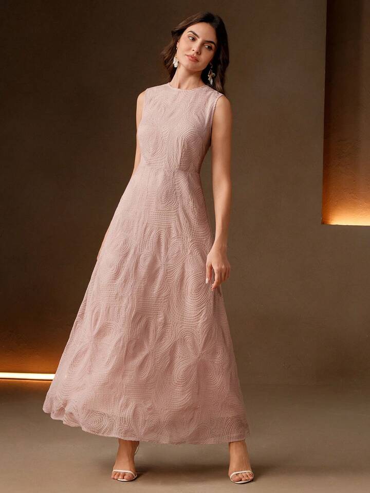 CM-DS571714 Women Elegant Seoul Style Embroidered Sleeveless Round Neck A-Line Dress - Pink