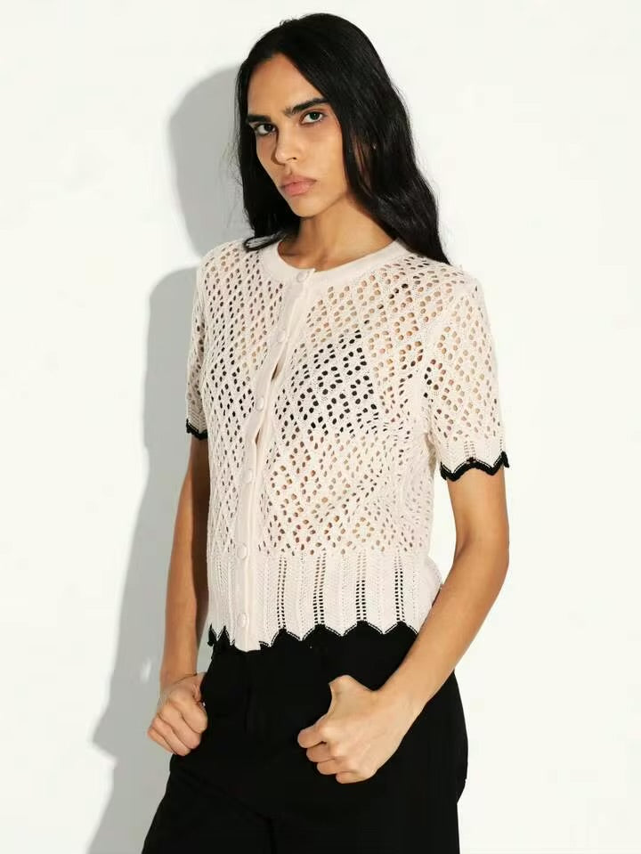 CM-TS431191 Women Trendy Bohemian Style Contrast Trim Short Sleeve Open Front Knit Cardigan Top