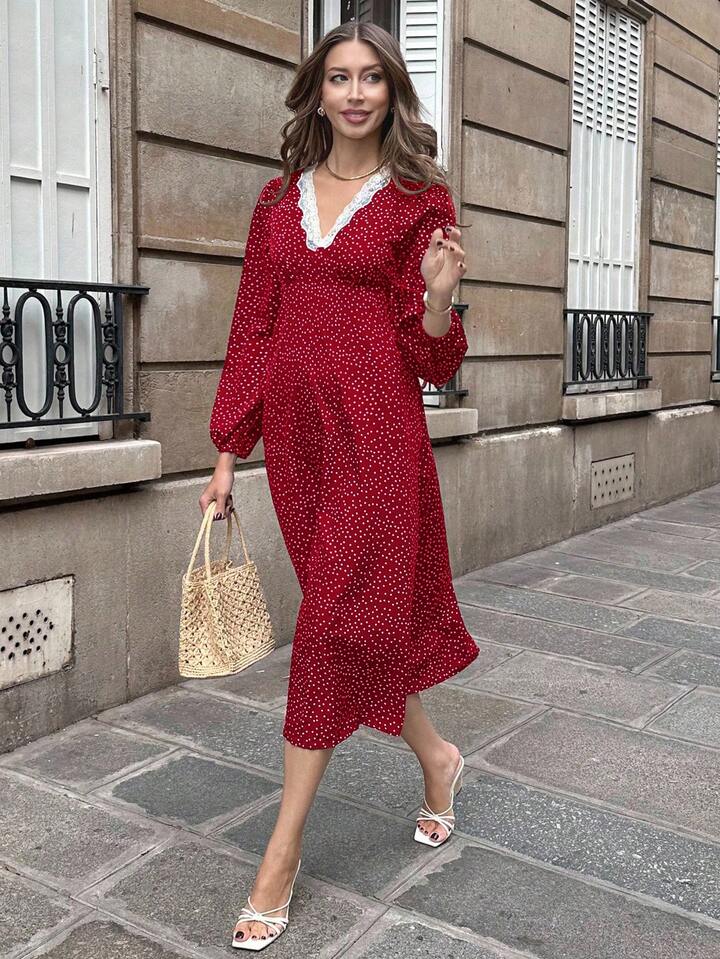 CM-DS239709 Women Casual Seoul Style V-Neck Puff Sleeve Floral Lace Patchwork Polka Dot Dress - Burgundy