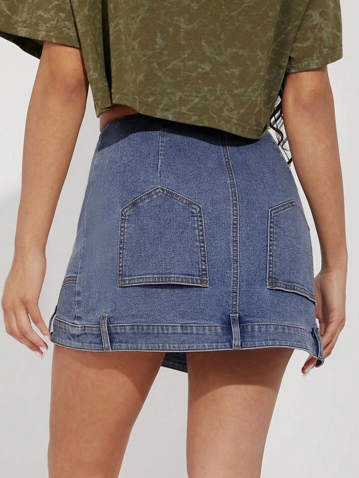 CM-BS883357 Women Casual Seoul Style Light Wash Deconstructed Skinny Denim Skorts
