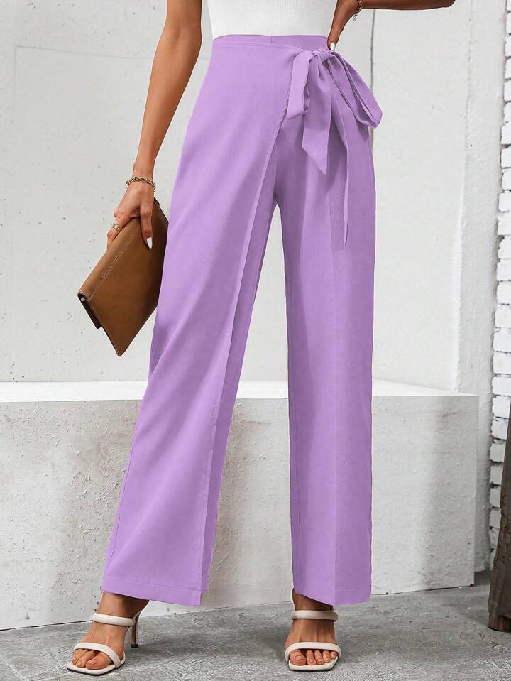 CM-BS627173 Women Casual Seoul Style Side Tie High Waist Straight Leg Pants - Mauve Purple