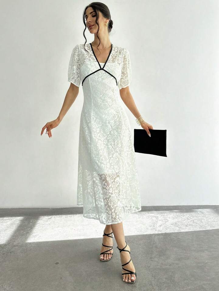 CM-DS334369 Women Elegant Seoul Style Contrast Color Deep V-Neck Short Sleeve Lace A-Line Dress