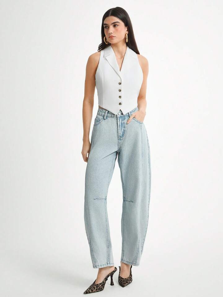 CM-BS707565 Women Casual Seoul Style Medium Wash High Waist Boyfriend Fit Flared Leg Denim Jeans