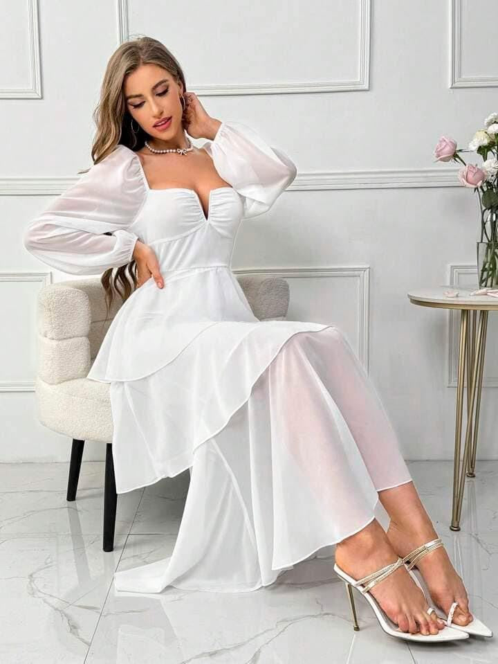 CM-DS422360 Women Elegant Seoul Style Ruffle Hem Mesh Splicing Lantern Sleeve Dress - White