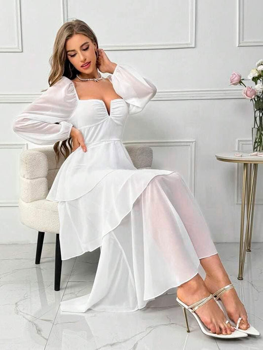 CM-DS422360 Women Elegant Seoul Style Ruffle Hem Mesh Splicing Lantern Sleeve Dress - White
