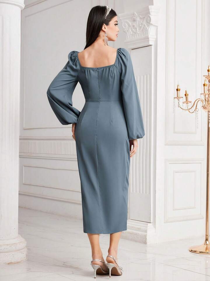 CM-DS952331 Women Casual Seoul Style Jacquard Patchwork Split Hem Lantern Sleeve Dress