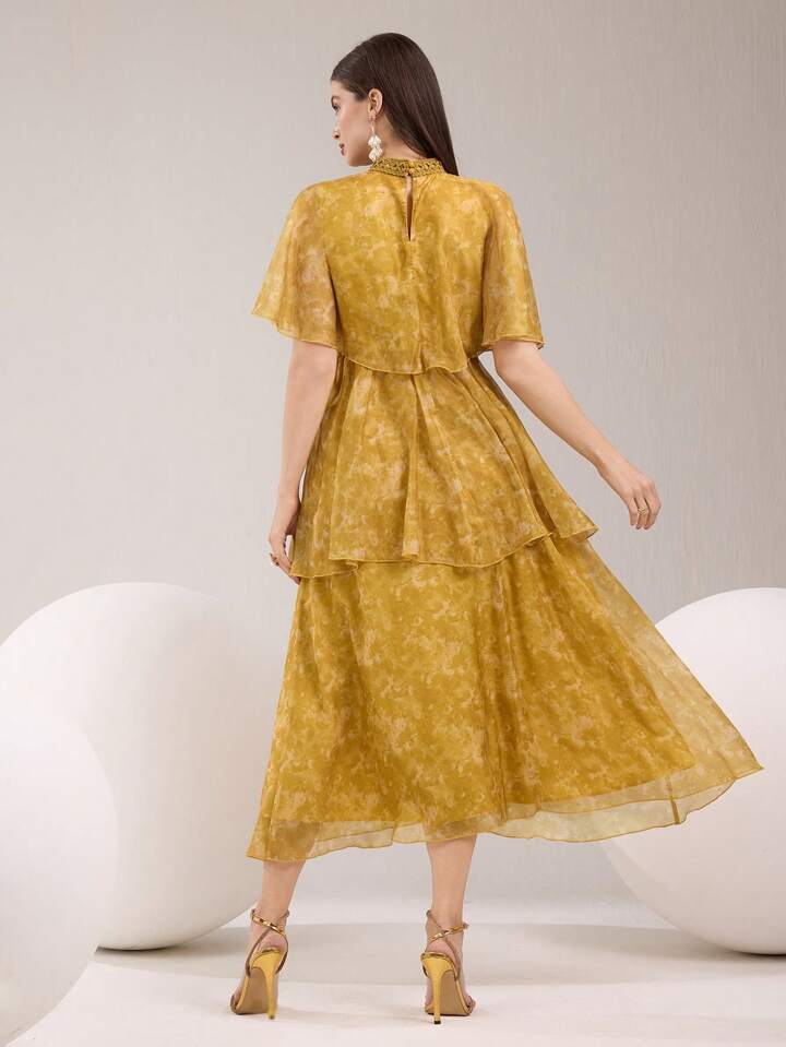 CM-DS651232 Women Elegant Seoul Style Stand Collar Flounce Sleeve Multi-Layered Mid-Length Dress - Yellow