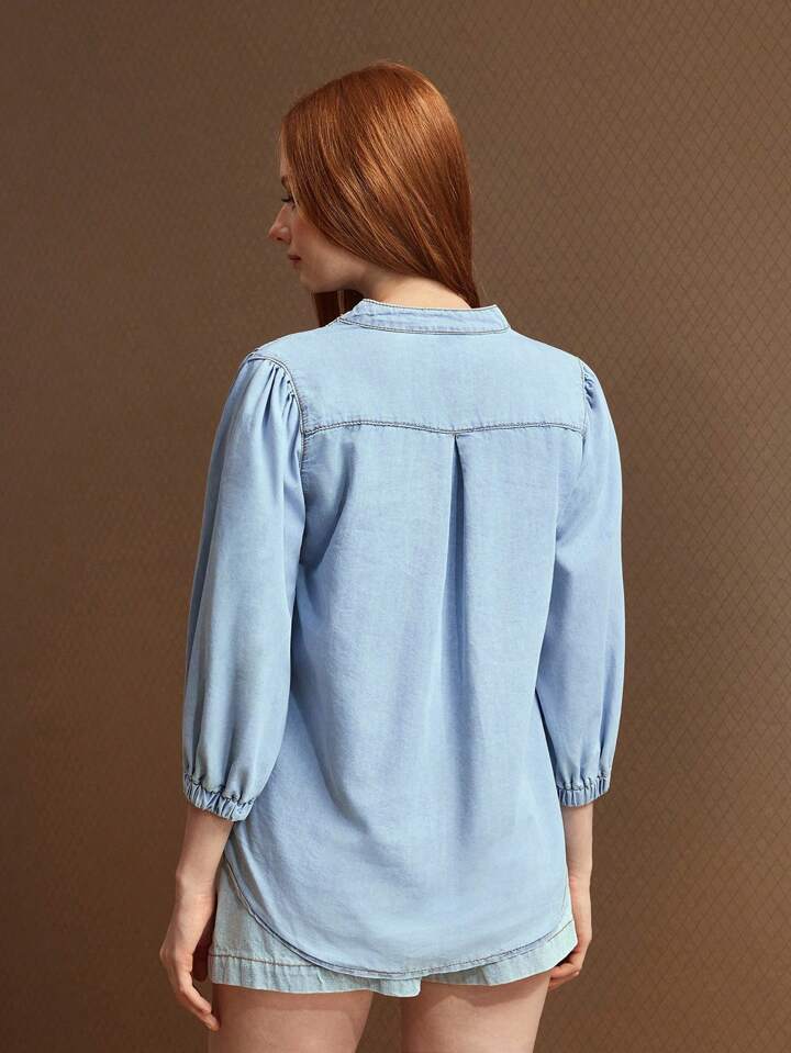 CM-TS906161 Women Casual Seoul Style Notched Neckline 3/4 Sleeve Single-Breasted Denim Blouse - Blue