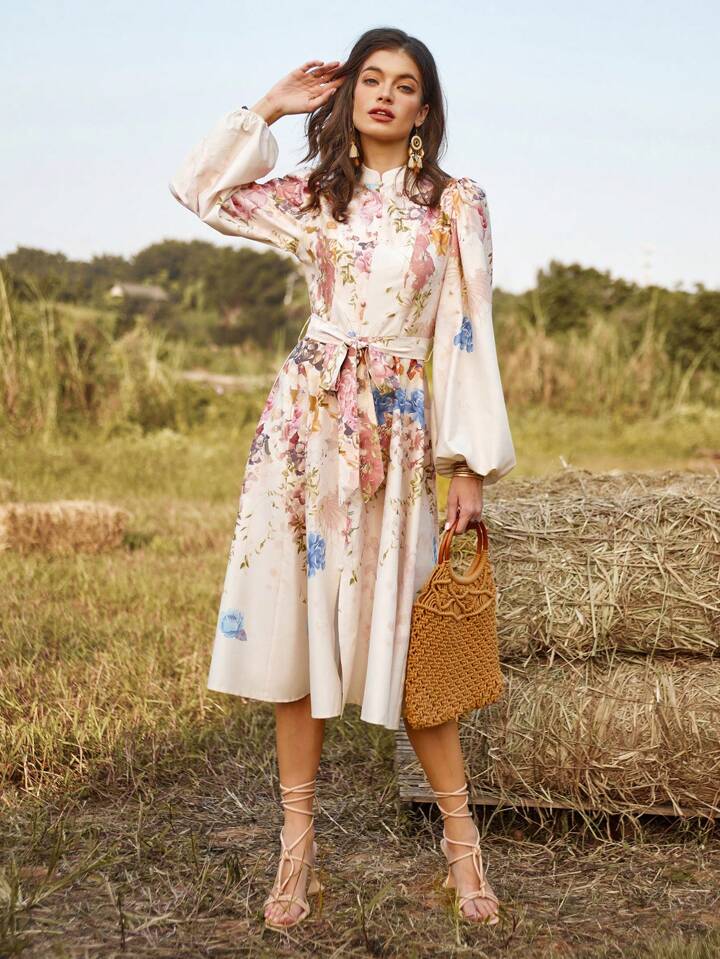 CM-DS866520 Women Trendy Bohemian Style Floral Print Long Sleeve Belted Dress