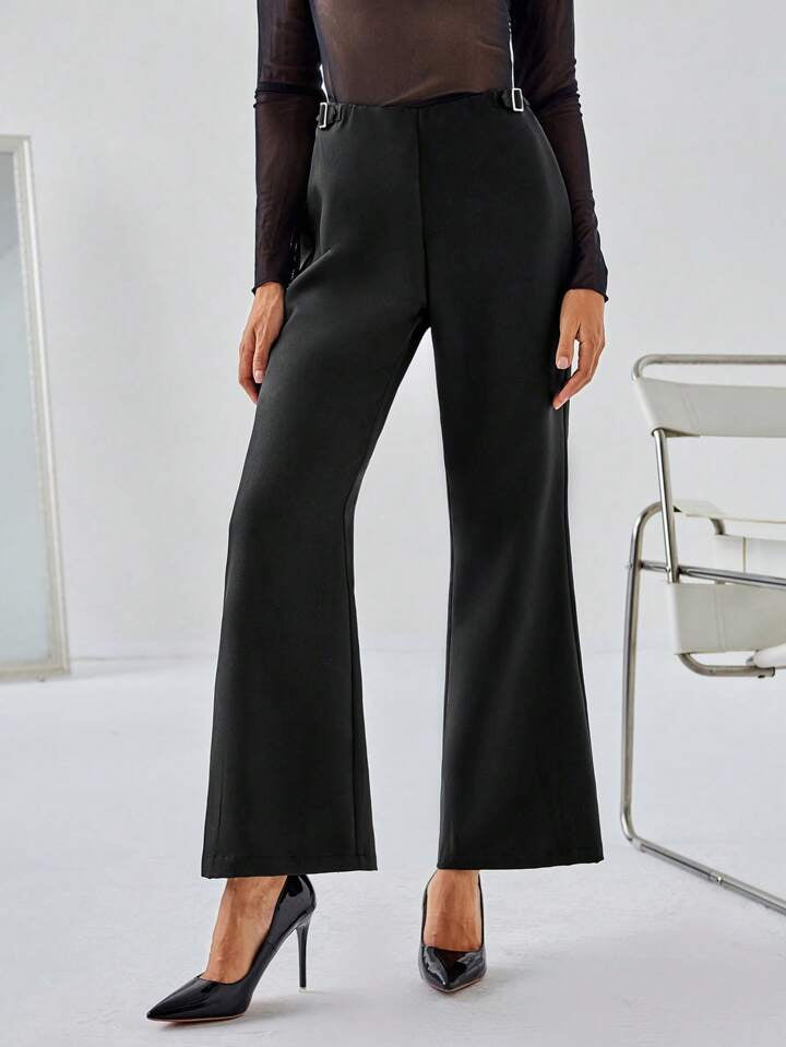 CM-BS551610 Women Elegant Seoul Style Solid Color Elastic Waist Slim Fit Flared Pants - Black