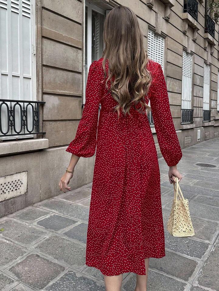 CM-DS239709 Women Casual Seoul Style V-Neck Puff Sleeve Floral Lace Patchwork Polka Dot Dress - Burgundy