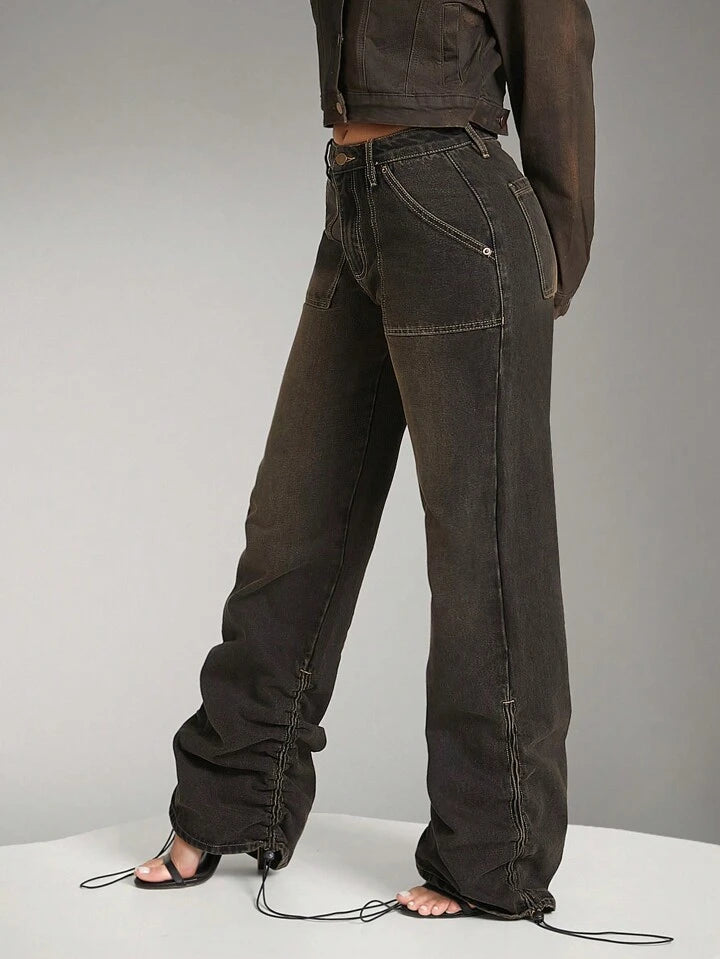 CM-BS159999 Women Casual Seoul Style Ruched Hem Tinted Utility Wide Leg Denim Jeans