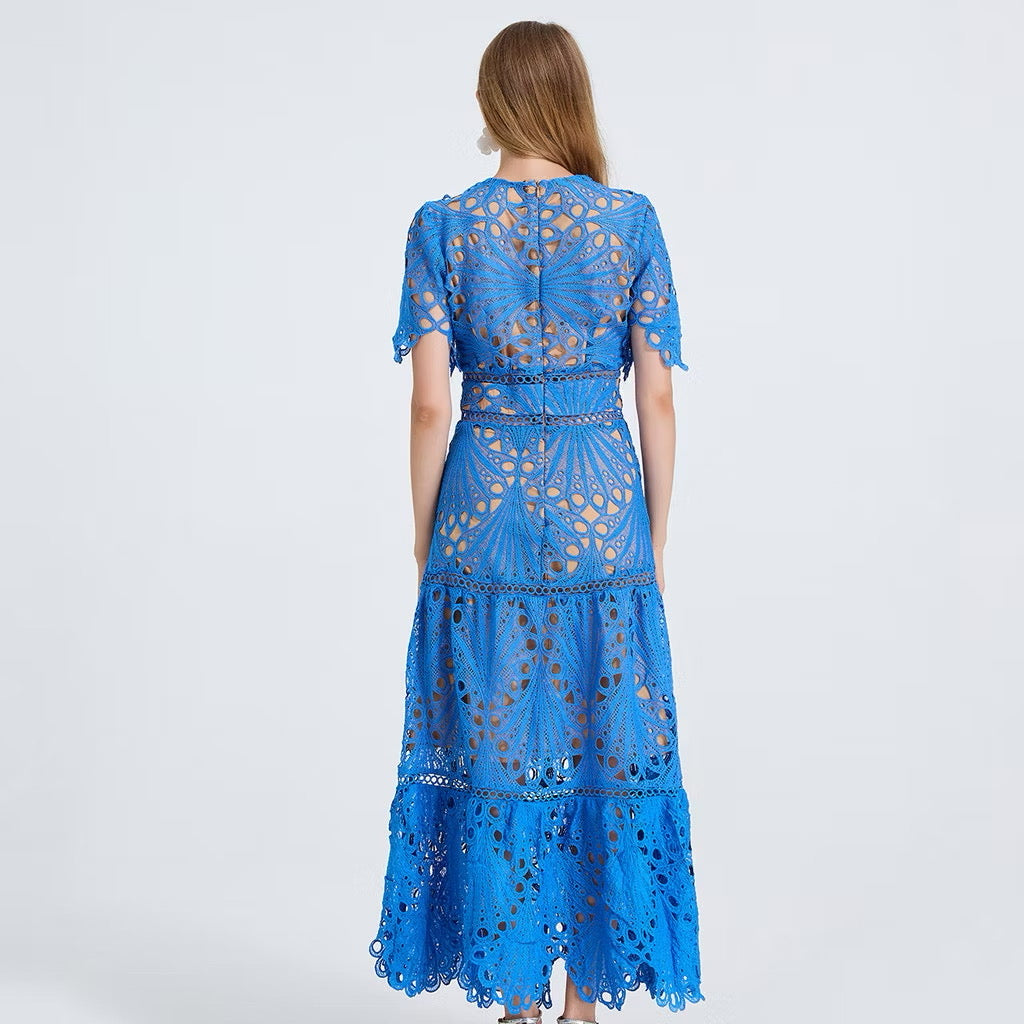 CM-DY053337 Women Elegant European Style Round Neck Short Sleeve High Waist Hollow Splice Long Dress - Blue